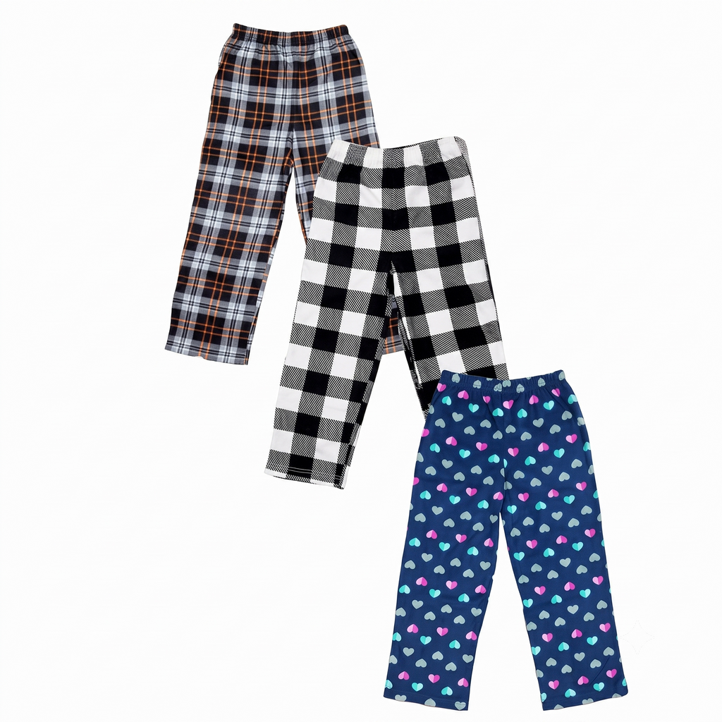 Mad Dog Girls' 3-Pack Microfleece Pajama Pants Set - Hearts, Buffalo Plaid, and Black Plaid