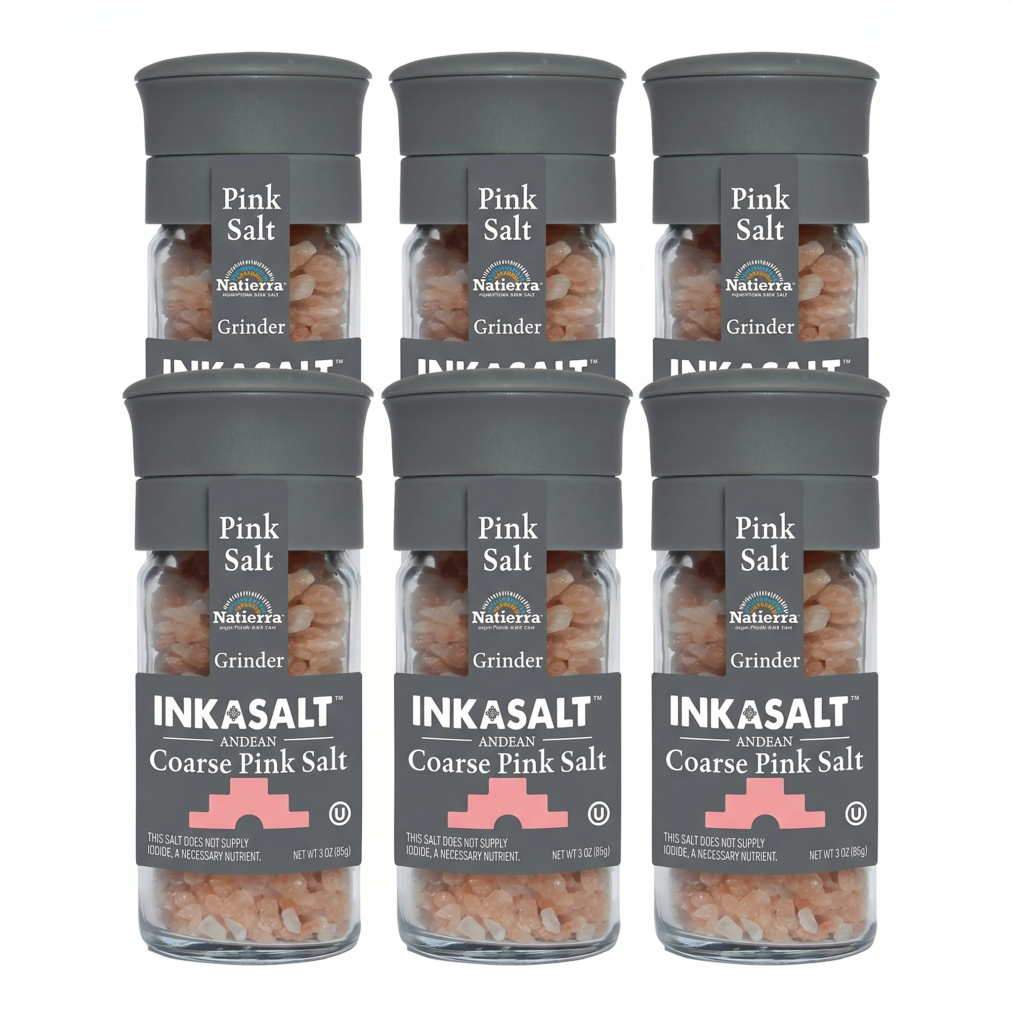 Natierra Himalania® Coarse InkaSalt Pink Salt Glass Grinder – 3 oz (6-Pack)