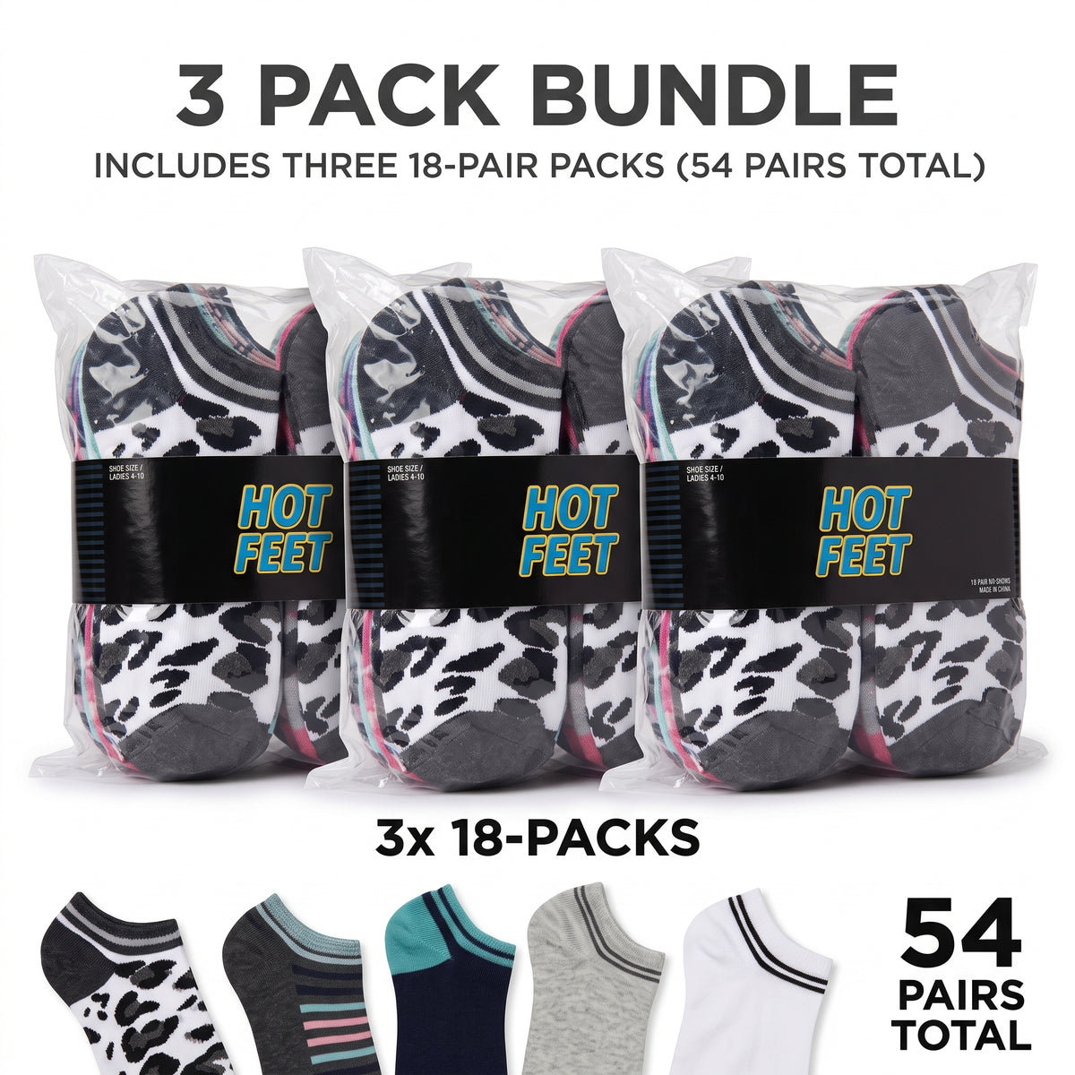 Hot Feet Women's No-Show Socks 54 Pairs (3 x 18-Pack) – Assorted Leopard, Argyle, Stripes, Polka Dots & Solids, Size 4-10