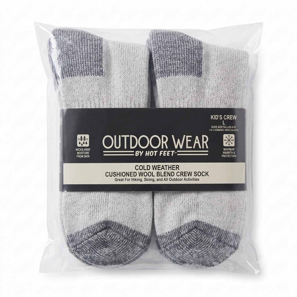 HOT FEET Kids Wool Blend Crew Winter Socks (4-Pack) - Grey