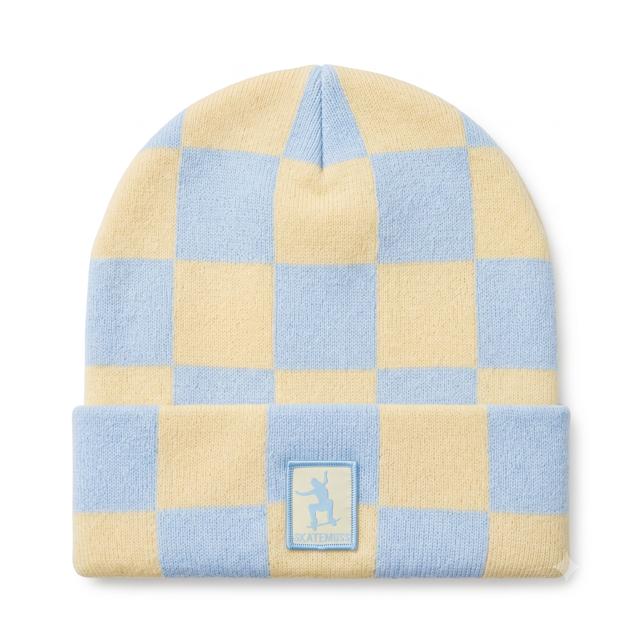 SkateMoss Grandmaster Checkerboard Knit Beanie – Muted Blue & Pale Yellow Cuffed Winter Cap