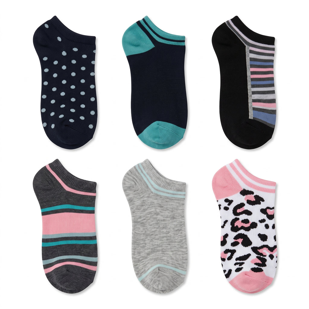 HOT FEET Women's No-Show Socks 6-Pack – Polka Dots, Stripes, Pink Leopard & Solids Low-Cut Socks (Size 4-10)