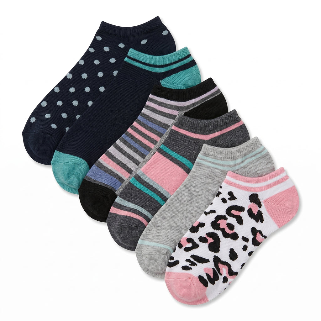 HOT FEET Women's No-Show Socks 6-Pack – Polka Dots, Stripes, Pink Leopard & Solids Low-Cut Socks (Size 4-10)