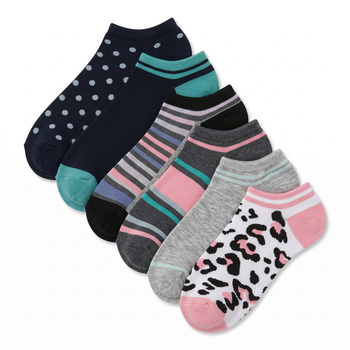 HOT FEET Women's No-Show Socks 6-Pack – Polka Dots, Stripes, Pink Leopard & Solids Low-Cut Socks (Size 4-10)