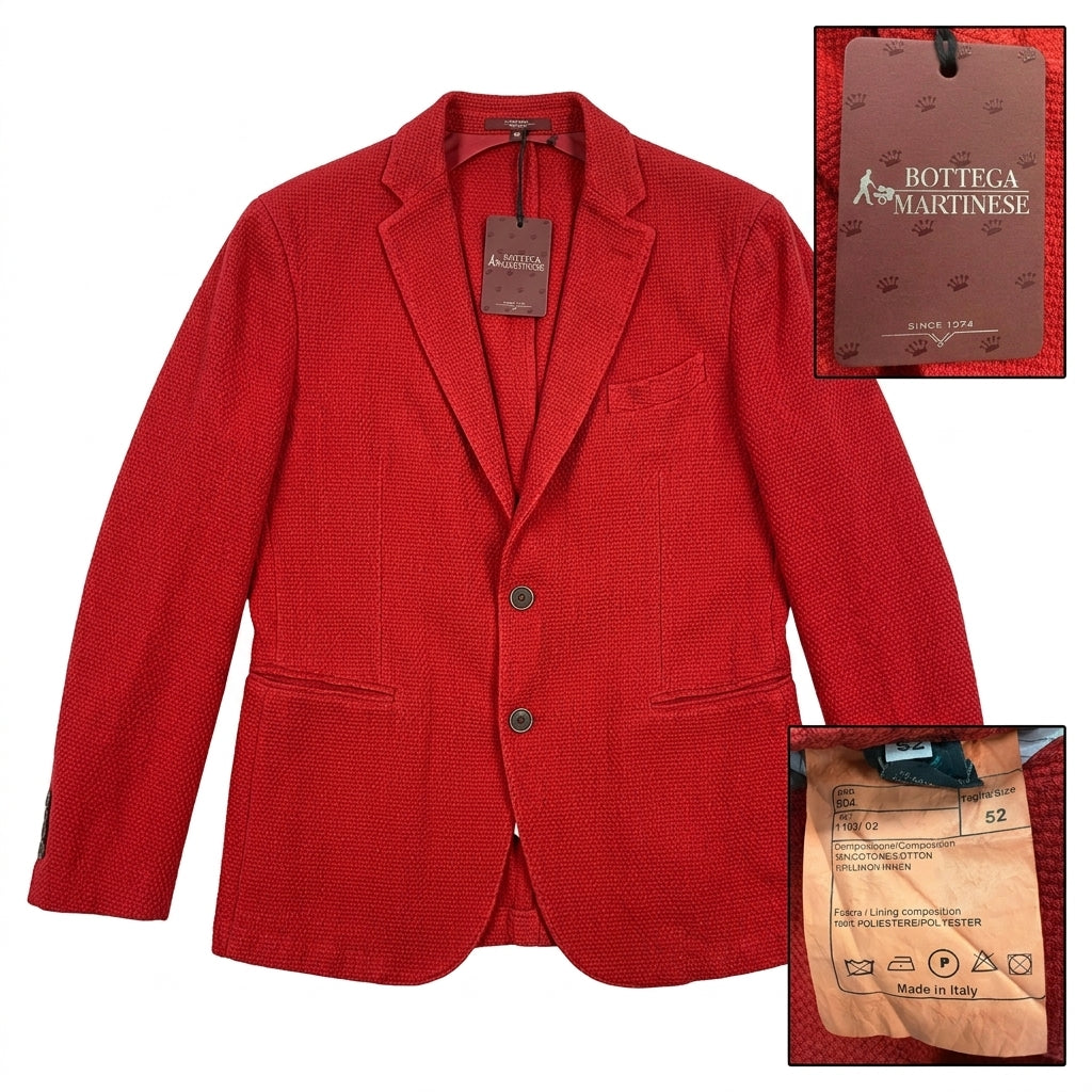 Bottega Martinese Made in Italy Textured Red Blazer - Cotton & Linen - Size IT 52