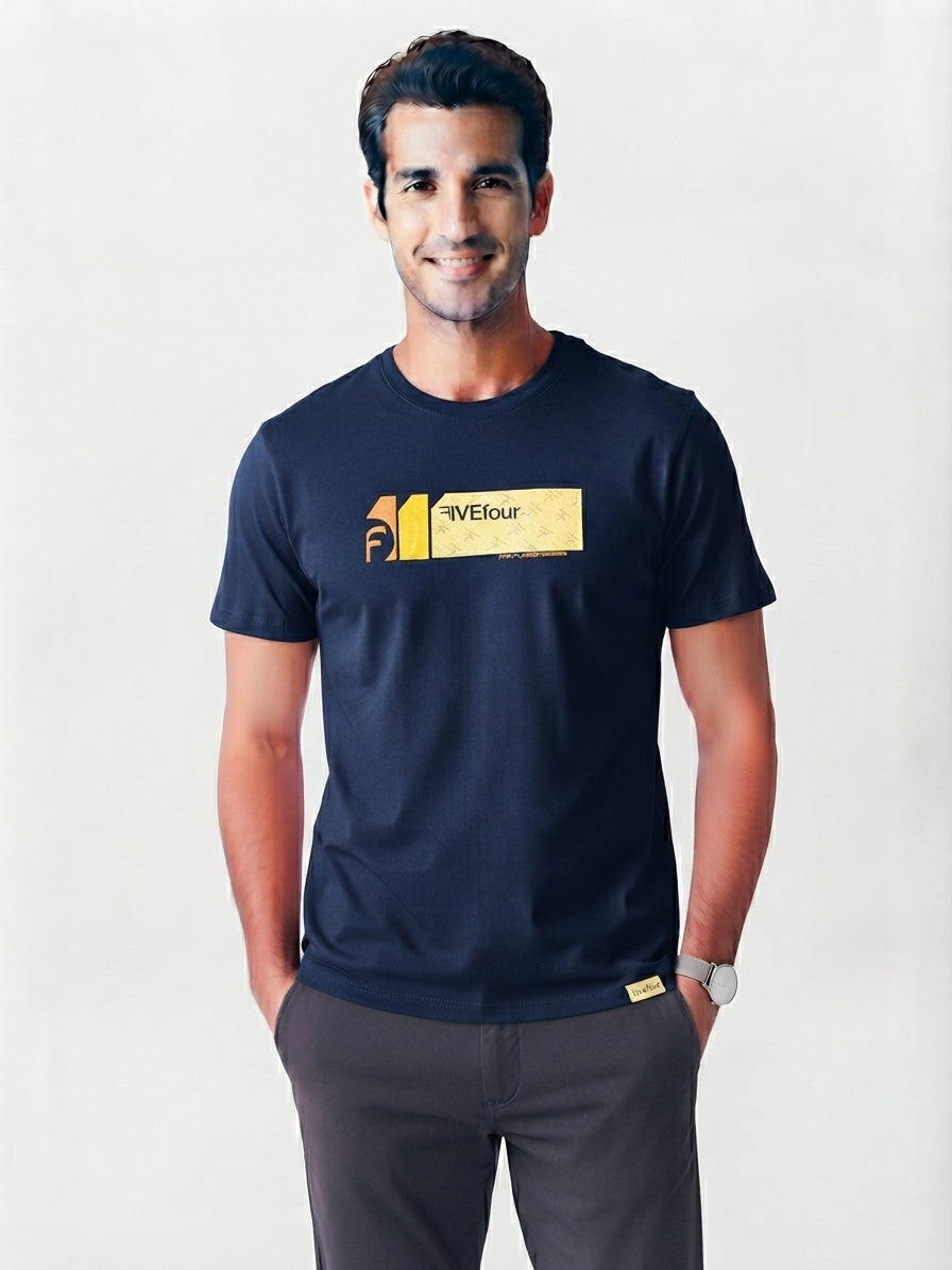FIVE FOUR Yellow Logo T-Shirt (Navy)