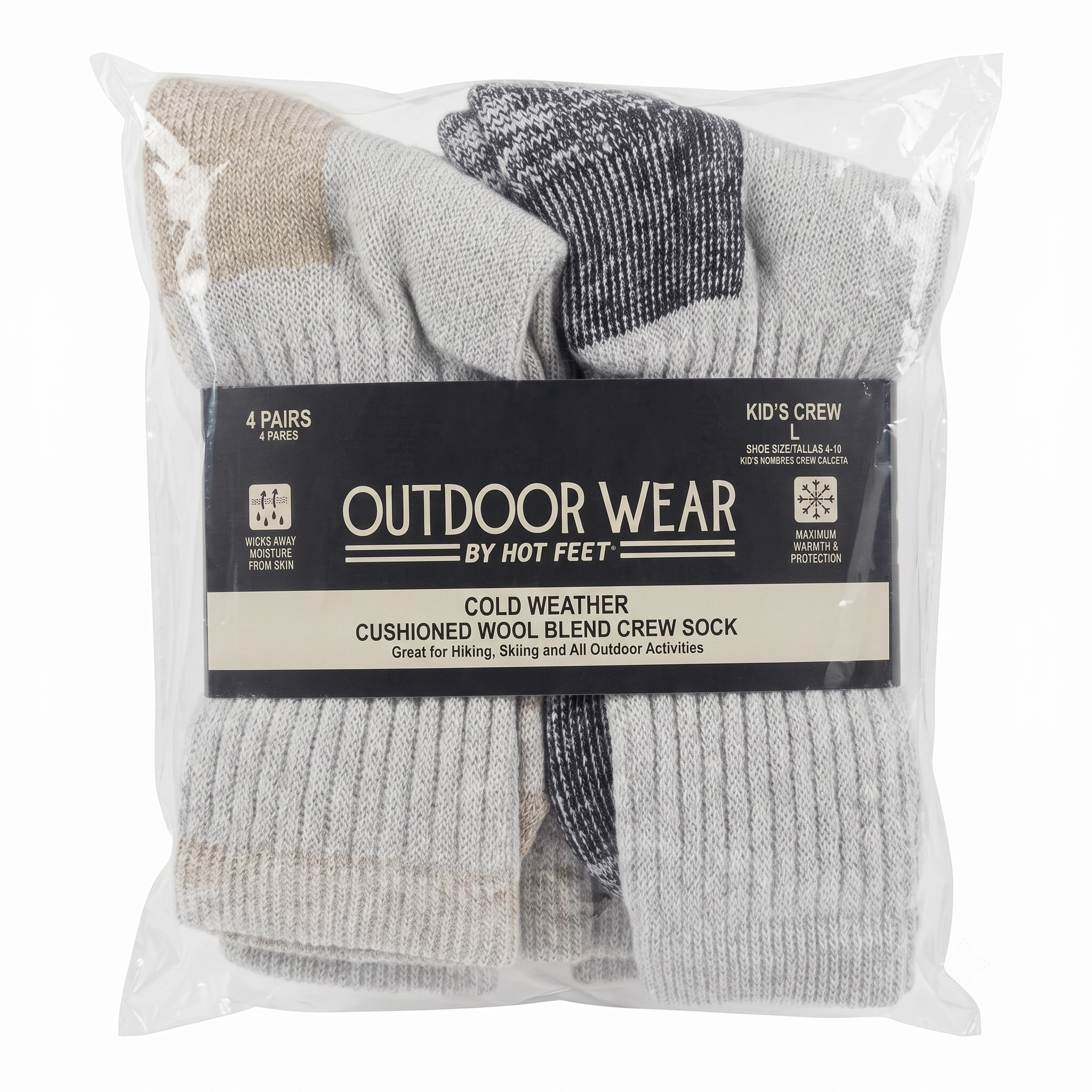 Outdoor Wear by Hot Feet Kids' Cushioned Wool Blend Cold Weather Crew Socks 4-Pack - Dark Grey & Oatmeal