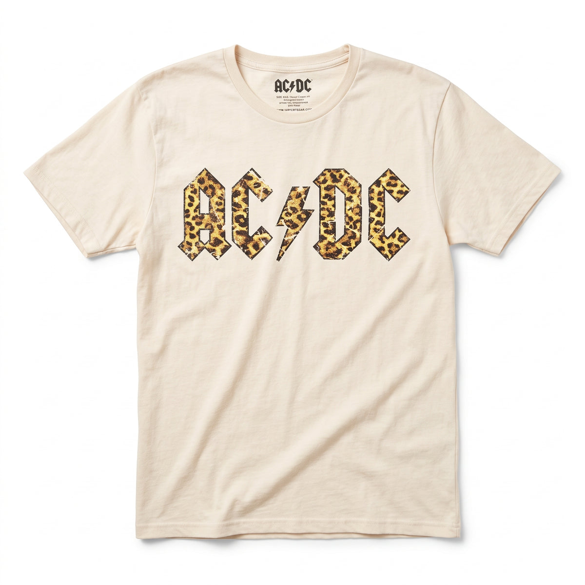 AC/DC Leopard Print Logo Graphic Tee – Women's Unisex Vintage Band T-Shirt, Cream