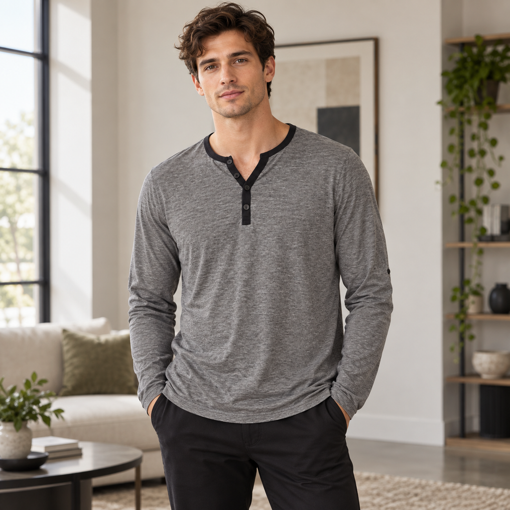 Topman Men’s Heather Gray Long Sleeve Henley Shirt Black Trim Size XXL
