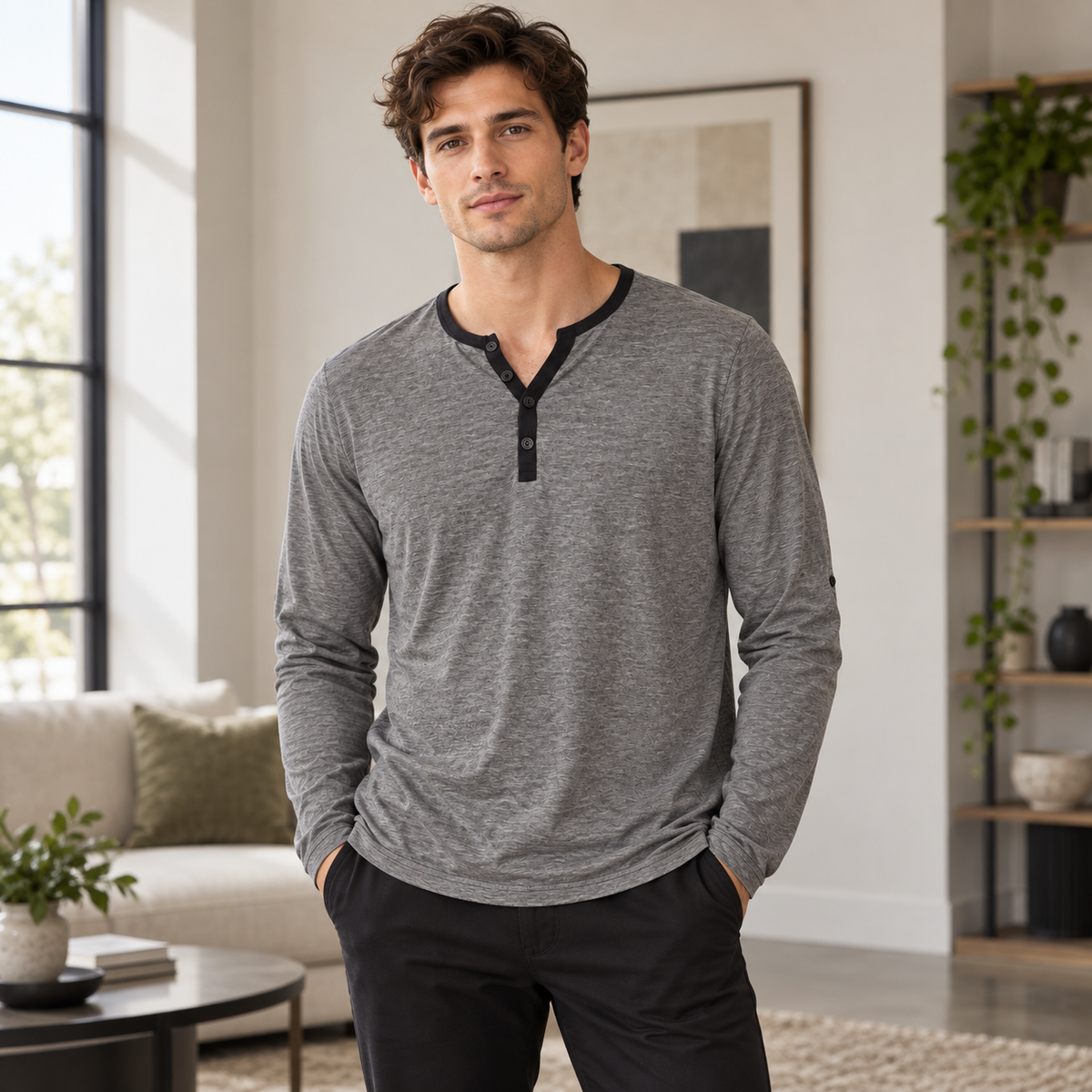 Topman Men’s Heather Gray Long Sleeve Henley Shirt Black Trim Size XXL