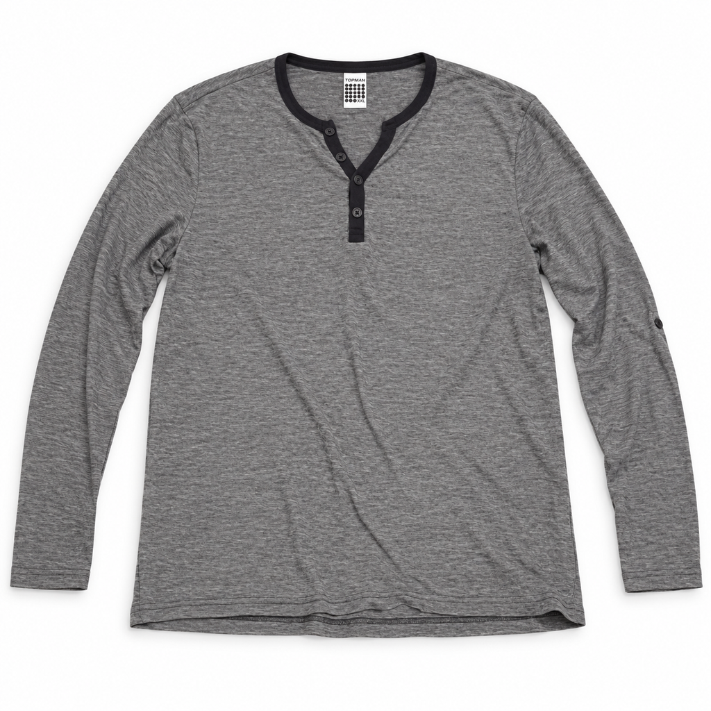 Topman Men’s Heather Gray Long Sleeve Henley Shirt Black Trim Size XXL