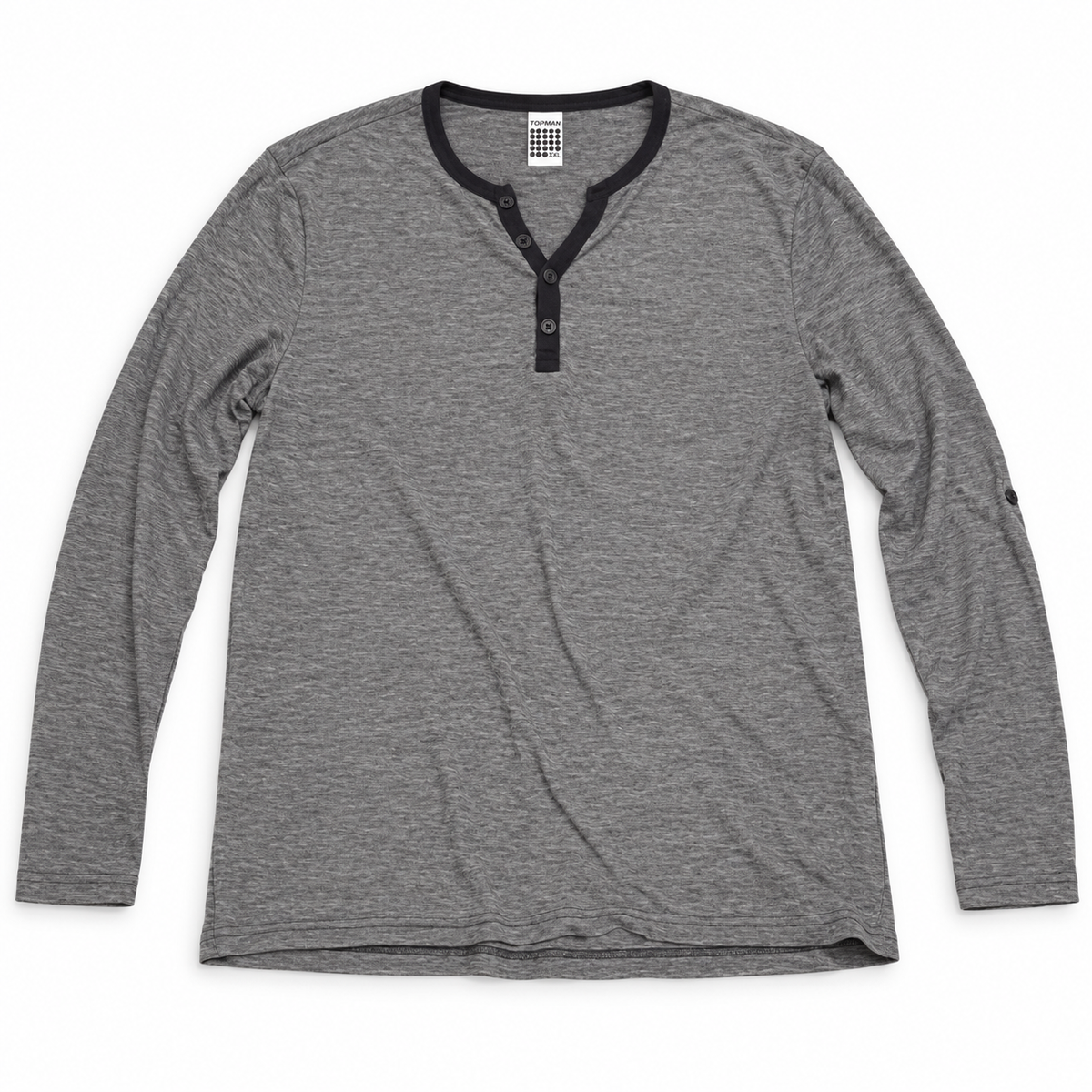 Topman Men’s Heather Gray Long Sleeve Henley Shirt Black Trim Size XXL