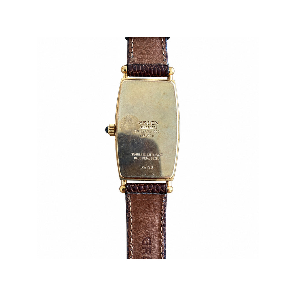 Vintage Gruen Swiss Gold-Tone Tank Quartz Watch Brown Leather Strap - Requires a Battery