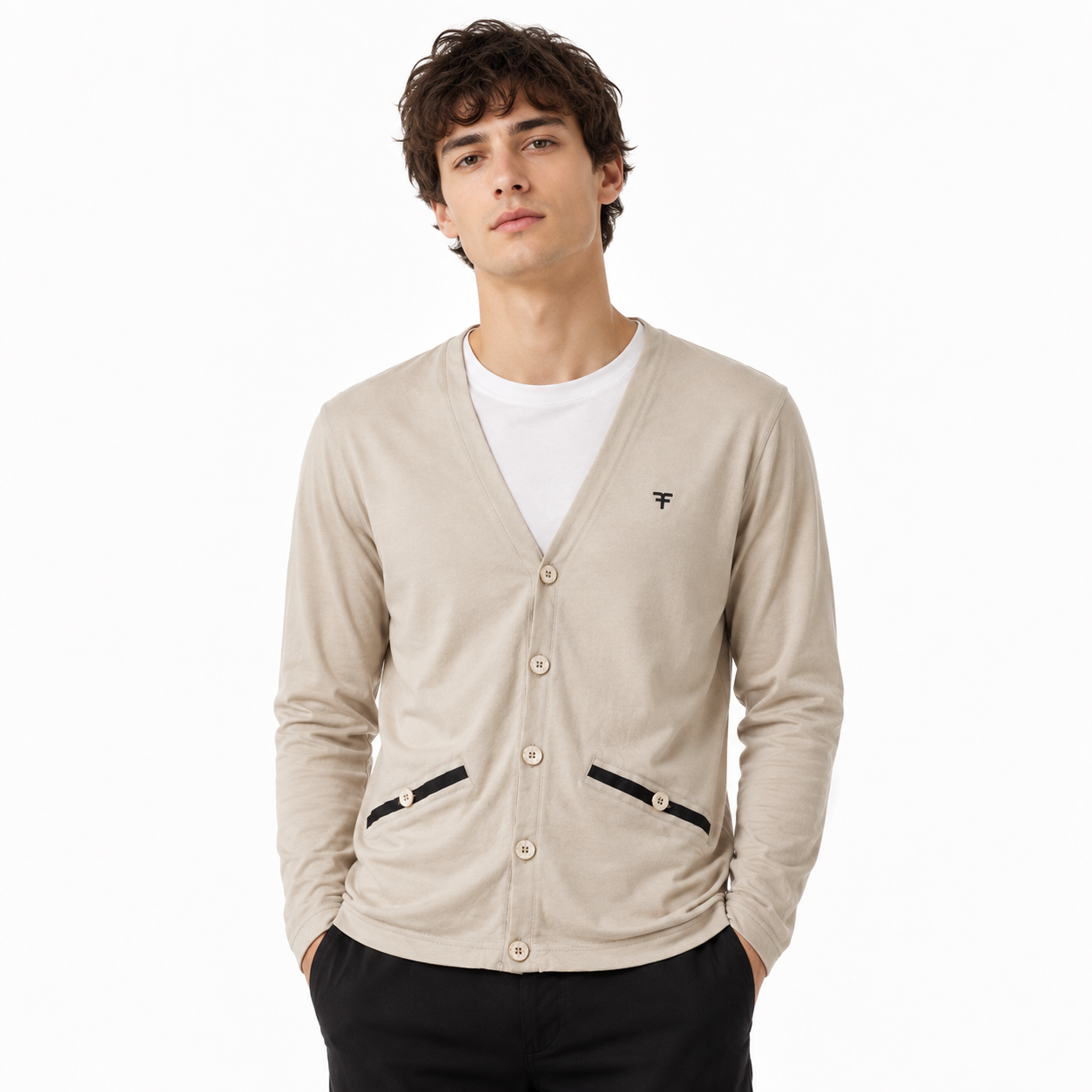 Five Four Men's Light Beige Contrast Trim V-Neck Cardigan Medium