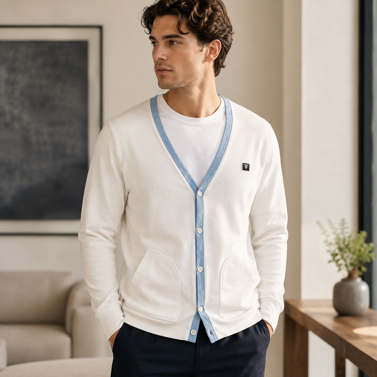 Five Four Men’s Cream White & Light Blue Trim V-Neck Cardigan Size M