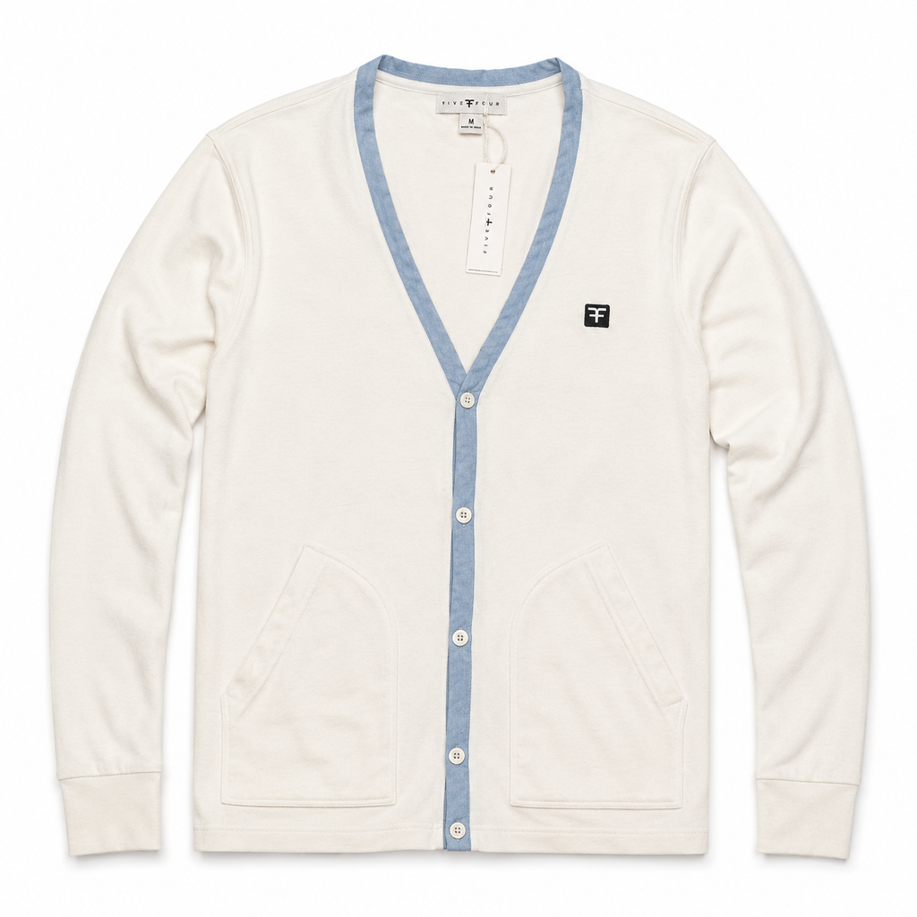 Five Four Men’s Cream White & Light Blue Trim V-Neck Cardigan Size M