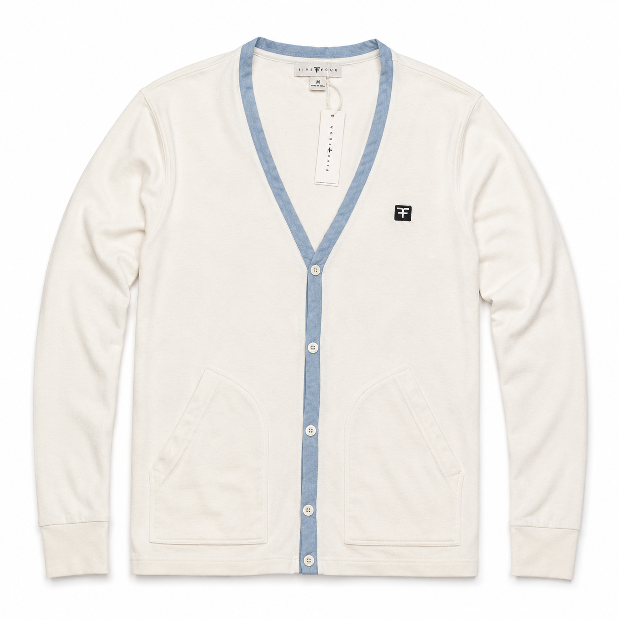 Five Four Men’s Cream White & Light Blue Trim V-Neck Cardigan Size M