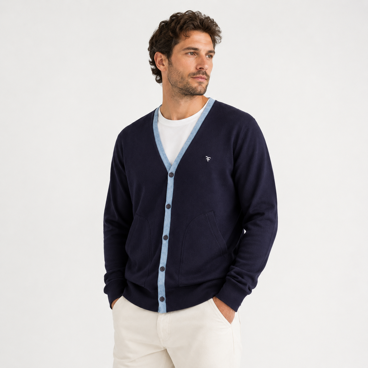 Five Four Men’s Navy Blue Contrast Trim Cardigan – Size M NWT