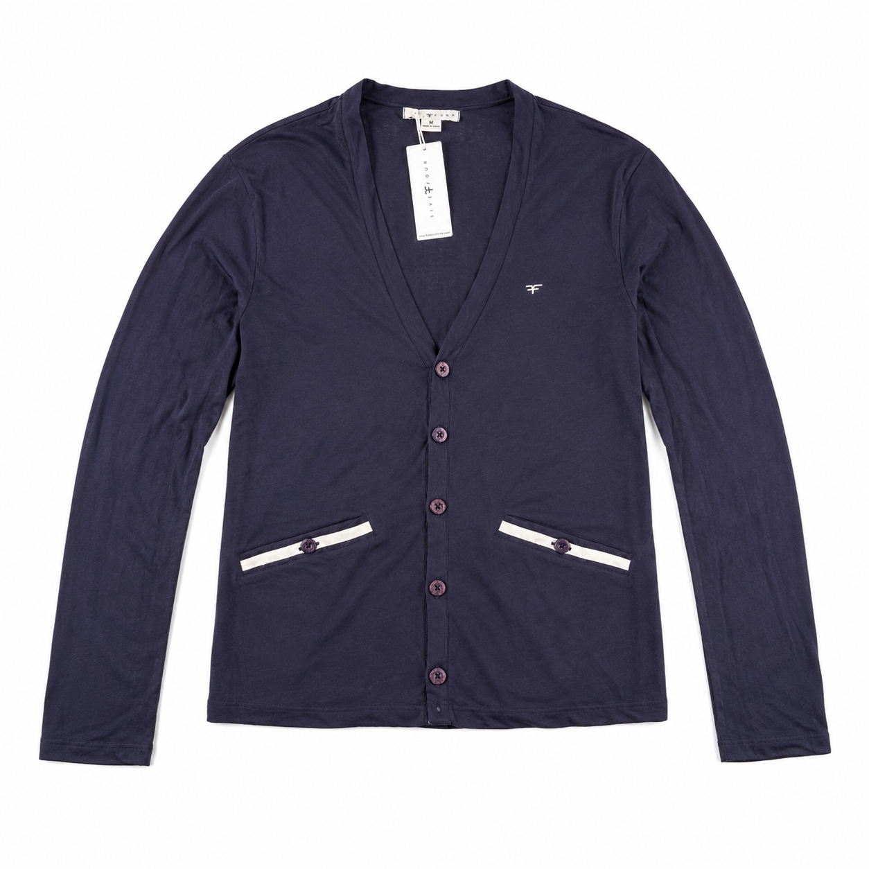Five Four Men's Navy Blue Contrast Trim V-Neck Cardigan Medium