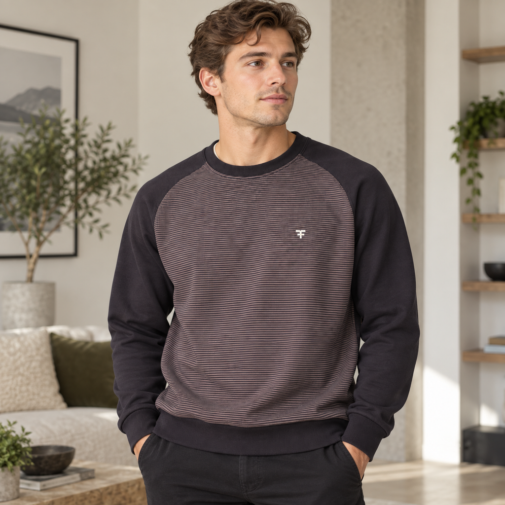 Five Four Men’s Navy Burgundy Striped Raglan Crewneck Sweatshirt Size L