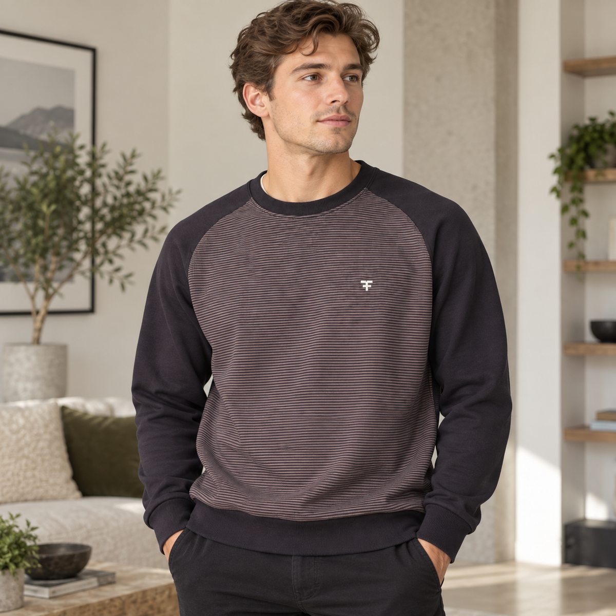 Five Four Men’s Navy Burgundy Striped Raglan Crewneck Sweatshirt Size L