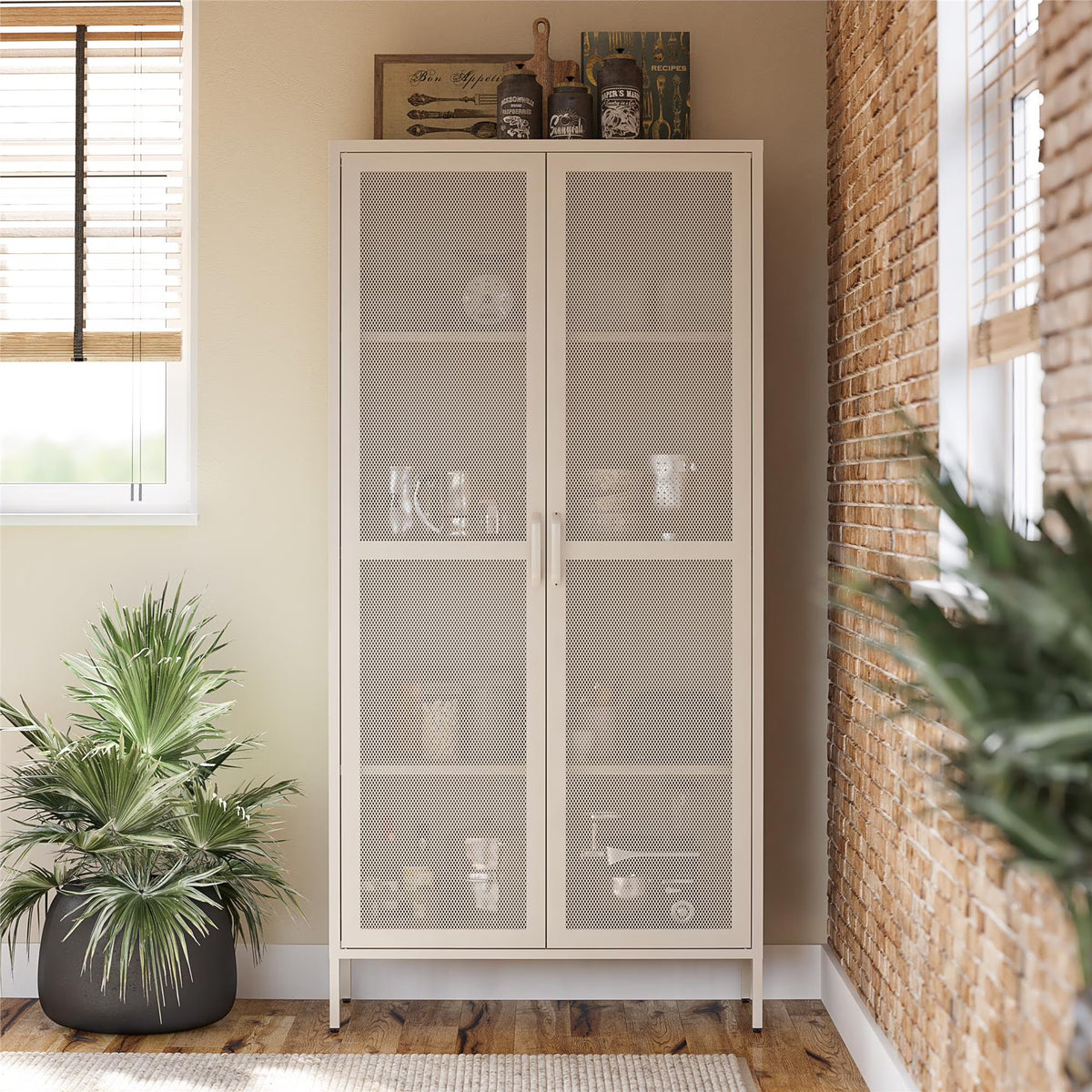 Novogratz Channing Tall 2-Door Storage Cabinet-Mesh Metal Locker, Parchment