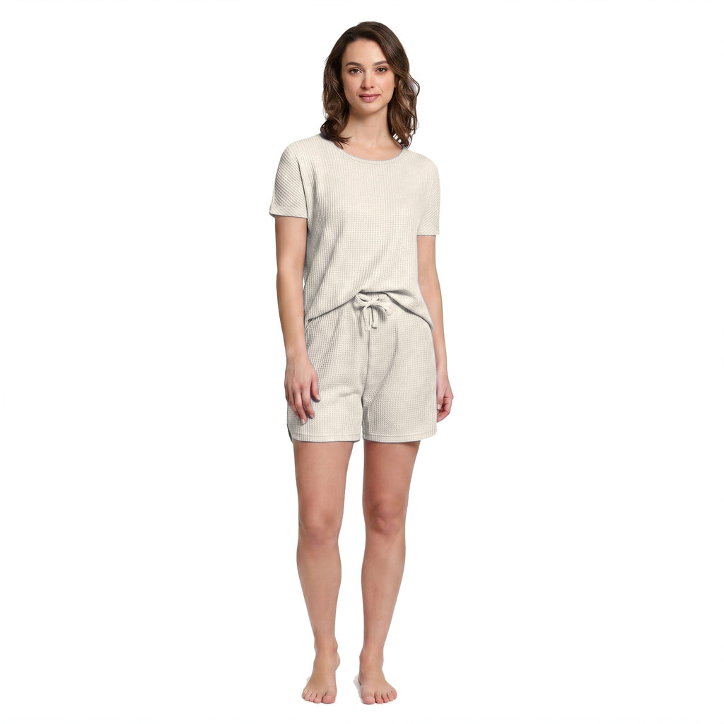 Mad Dog Women's Waffle Knit Pajama Set – Short Summer Pajamas with Shorts - Soft Comfy PJ - Breathable Loungewear -Off White