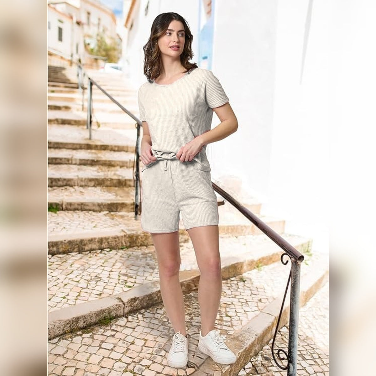 Mad Dog Women's Waffle Knit Pajama Set – Short Summer Pajamas with Shorts - Soft Comfy PJ - Breathable Loungewear -Off White
