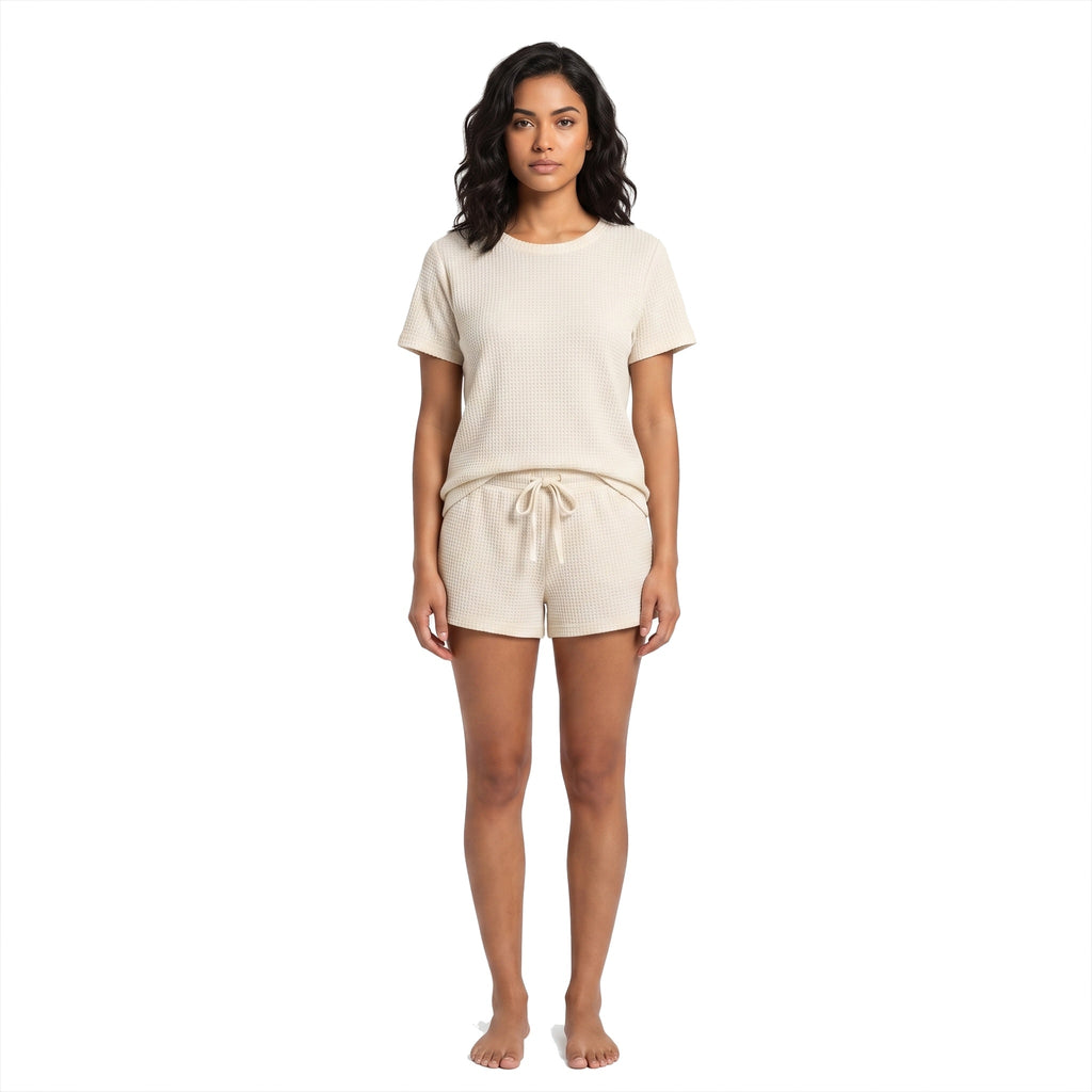 Mad Dog Women's Waffle Knit Pajama Set – Short Summer Pajamas with Shorts - Soft Comfy PJ - Breathable Loungewear -Off White