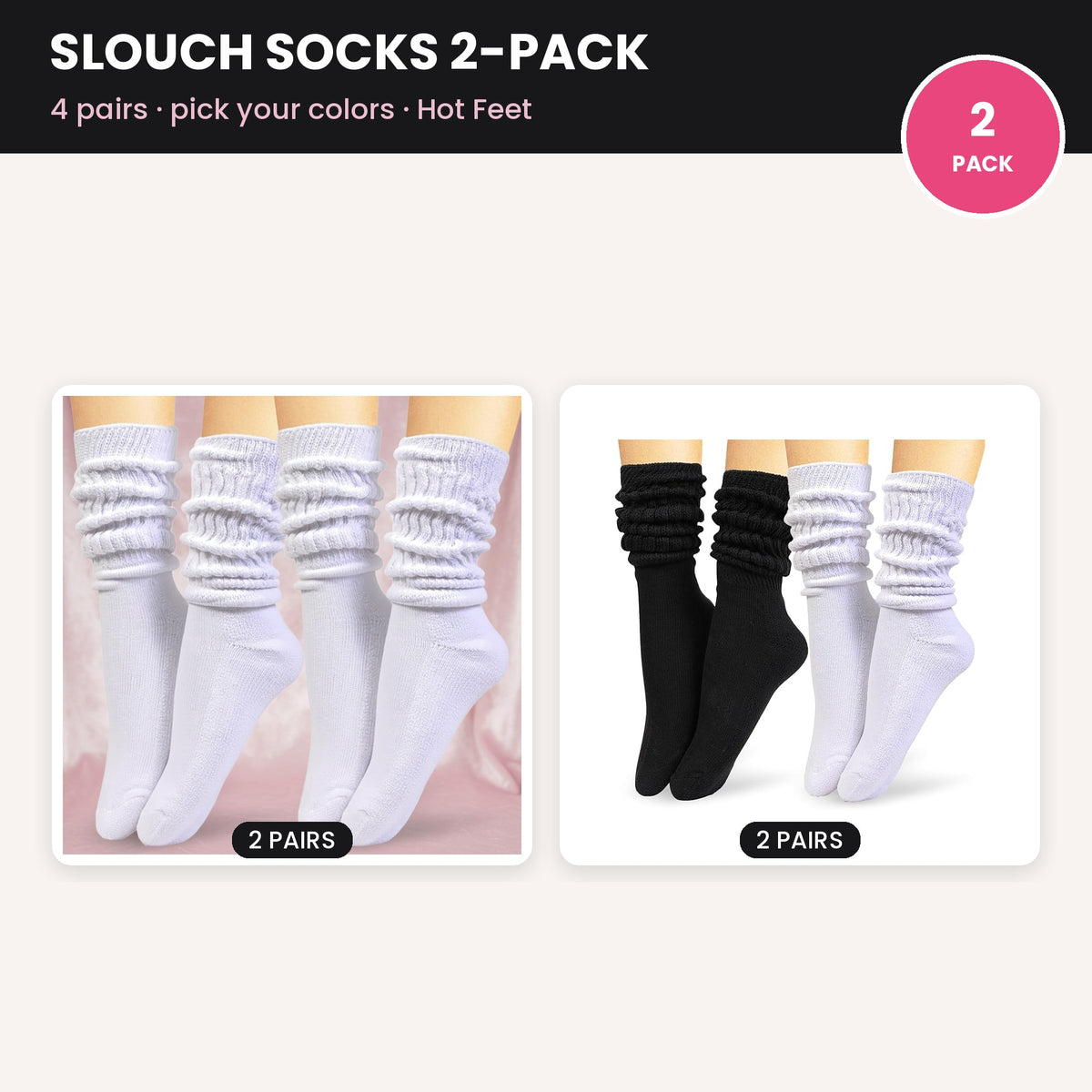 Hot Feet Women's Slouch Socks 4 Pairs (2 x 2-Pack) – Cozy Cotton Blend Scrunch Boot Socks, Size 4-10
