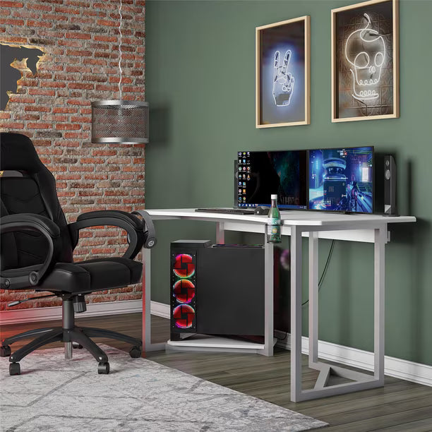 NTense Quest Gaming Desk with CPU Stand, White