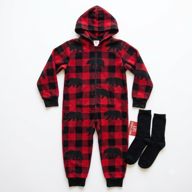 Mad Dog Concepts Girls Buffalo Bear Zip-Up Onesie Family PJ Set with Slipper Socks
