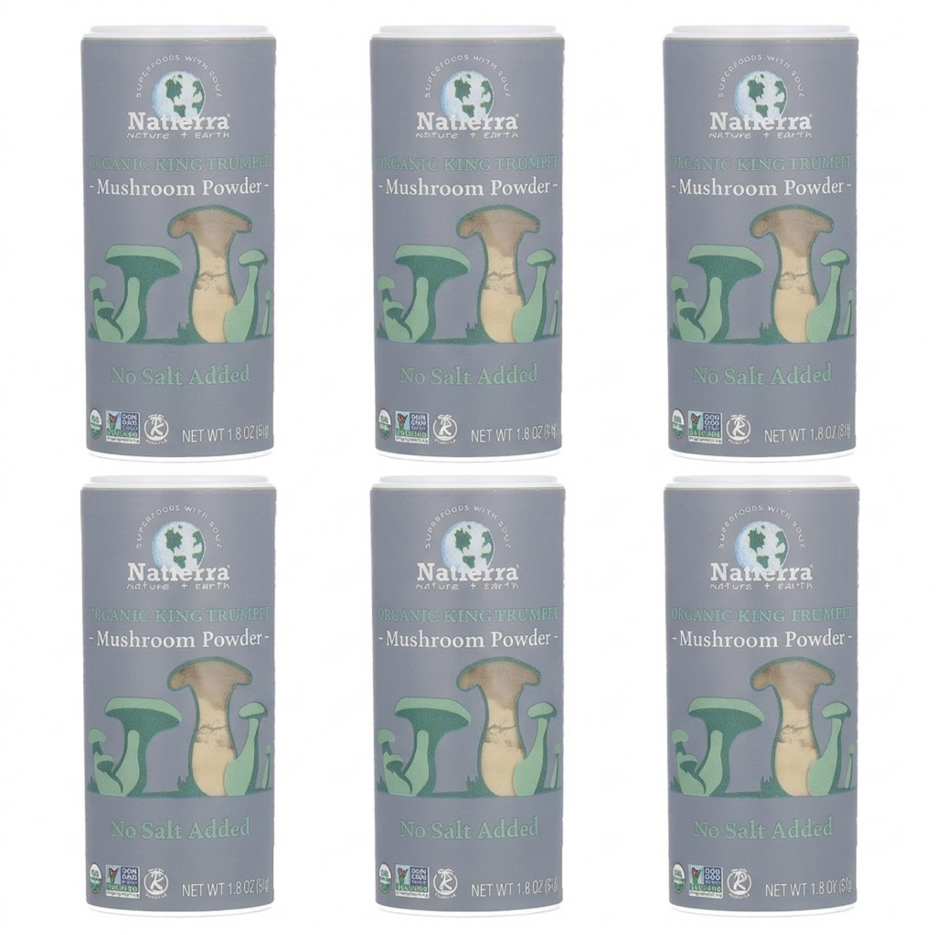 Natierra Organic King Trumpet Mushroom Powder – No Salt Added, Pure Umami Seasoning (1.8 oz Shaker, 6-Pack)