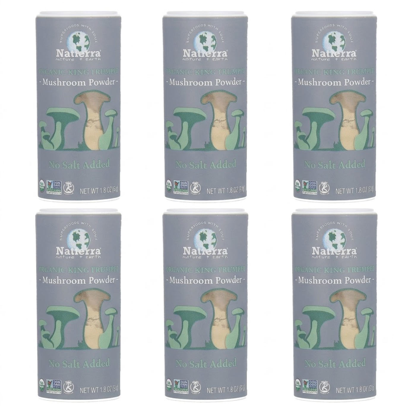 Natierra Organic King Trumpet Mushroom Powder – No Salt Added, Pure Umami Seasoning (1.8 oz Shaker, 6-Pack)