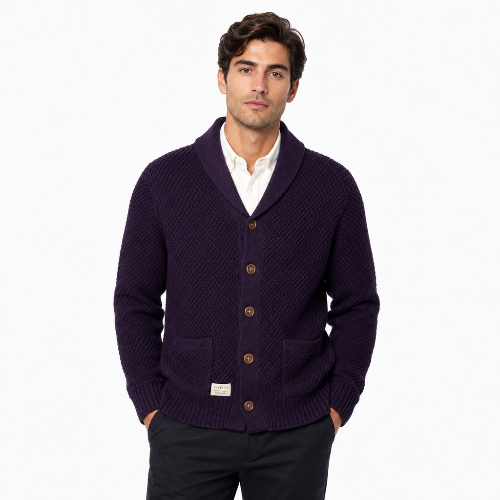 Five Four Men's Deep Purple Textured Shawl Collar Cardigan Medium