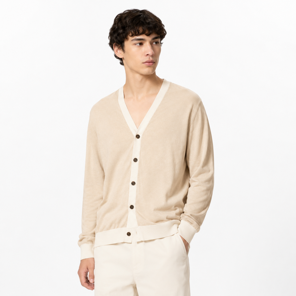 UNIQLO Men's Beige Contrast Trim V-Neck Cardigan Large