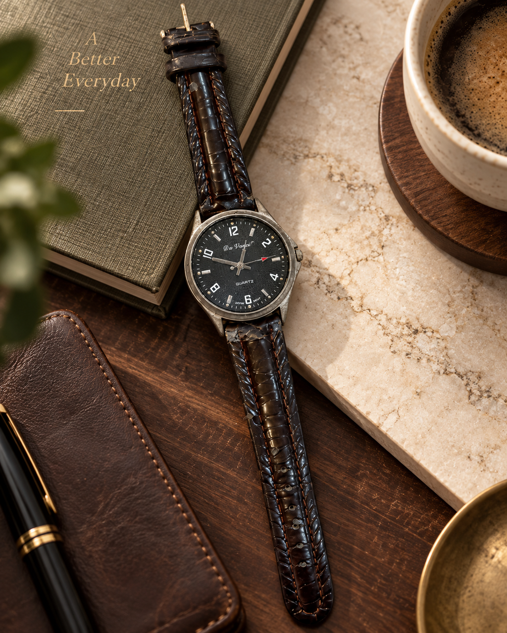 Da Vinci Men’s Quartz Watch Black Dial Brown Leather Strap Silver Tone