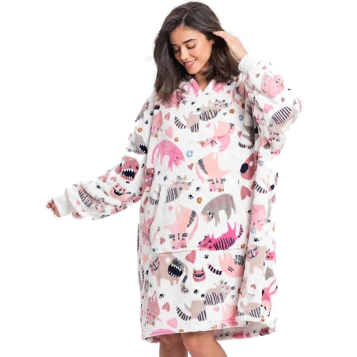 Mad Dog Sherpa Fleece Wearable Blanket Hoodie for Adult Women with Long Sleeves, Cozy Hooded Poncho Jacket-Cats