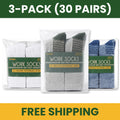 HOT FEET Men's Work Socks 3-Pack (30 Pairs) – White, Olive & Blue | Cushioned Boot Crew Cotton Socks | Moisture-Wicking | Fits Shoe Size 6-12.5