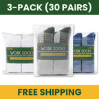 HOT FEET Men's Work Socks 3-Pack (30 Pairs) – White, Olive & Blue | Cushioned Boot Crew Cotton Socks | Moisture-Wicking | Fits Shoe Size 6-12.5