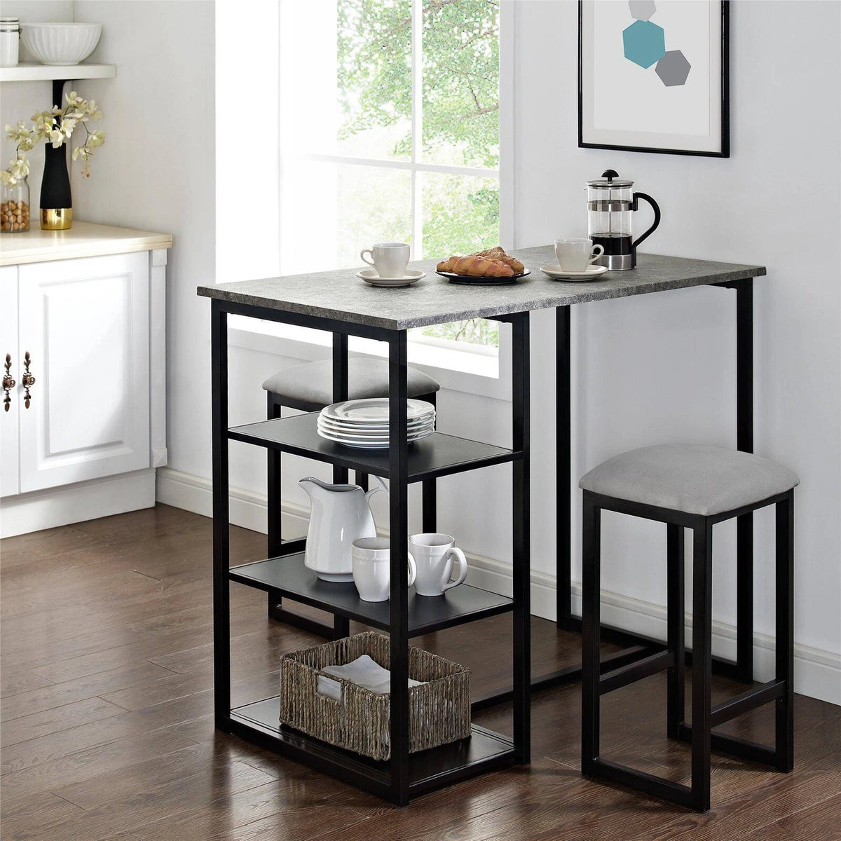 Mainstays 3-Piece Metal Pub Set with Faux Concrete Top, Gray and Black
