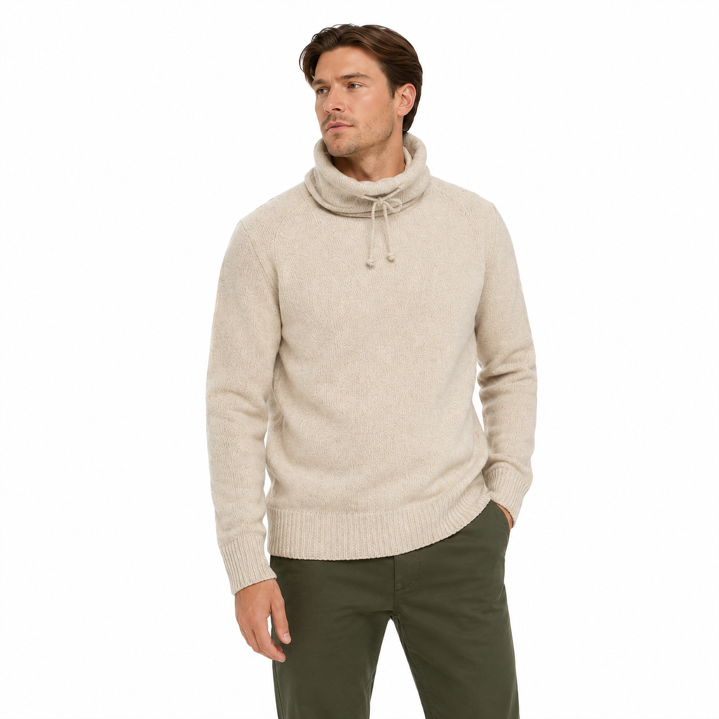 Zara Man Men's Beige Drawstring High Neck Knit Sweater XL