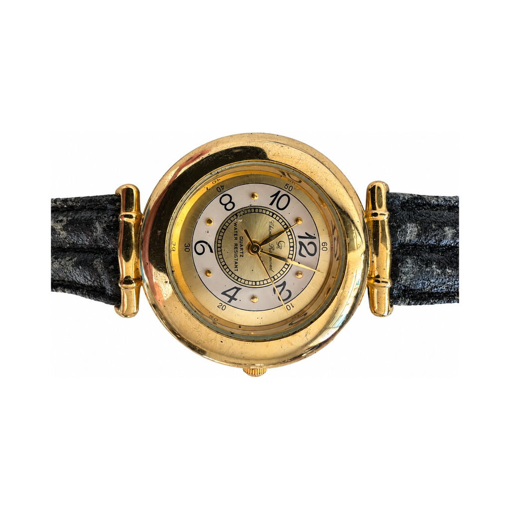 Vintage Charles Raymond Quartz Analog Gold Tone Watch Black Strap - Requires a Battery